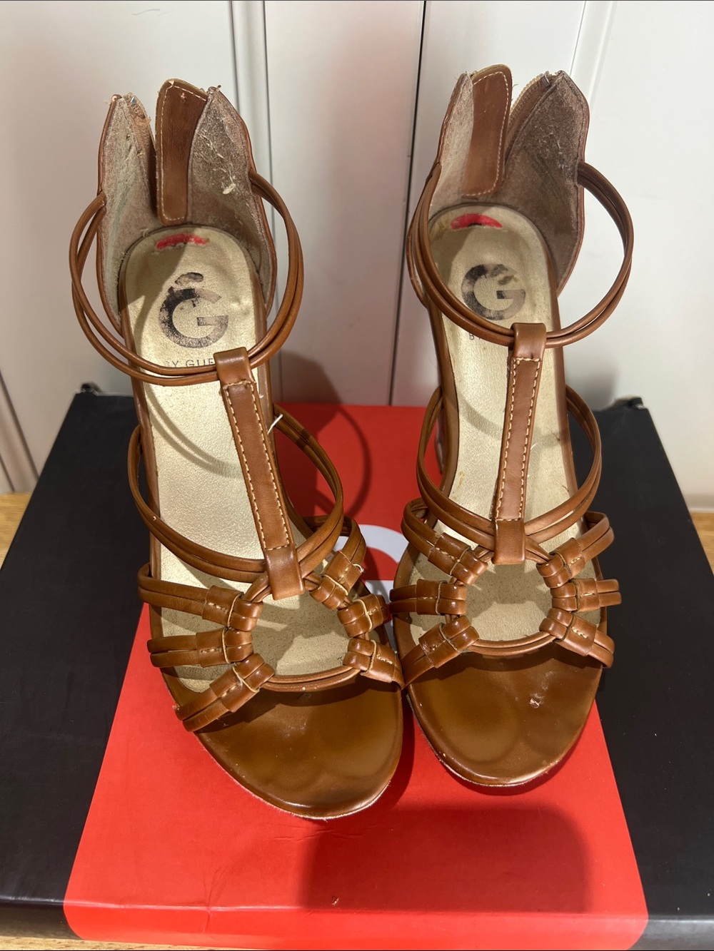 G by Guess Brown Strappy Ring-Detail Heeled Sandals